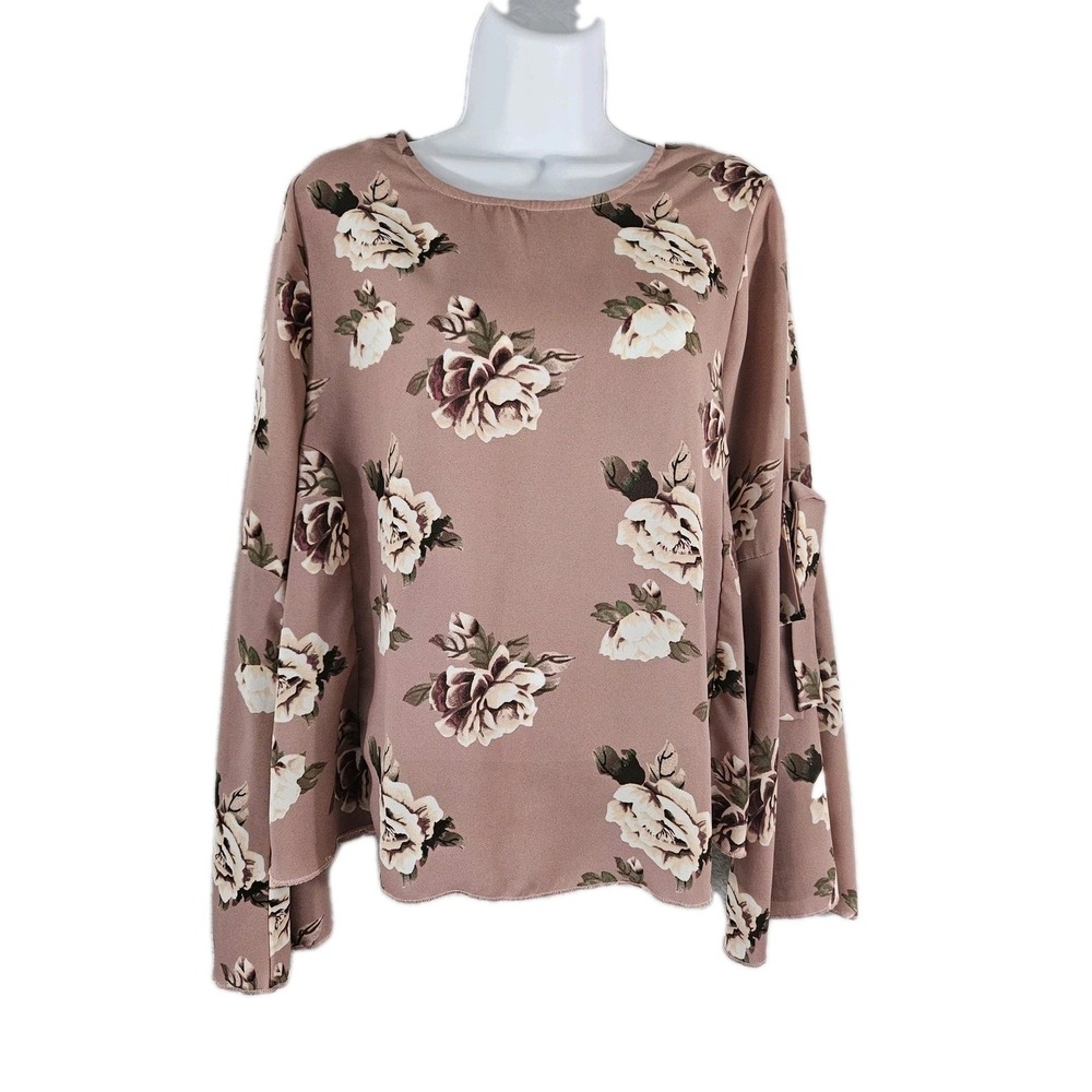 Belle Tweed Blouse Womens Small Pink Floral Bell Sleeve Ruffle Bow Top Romantic